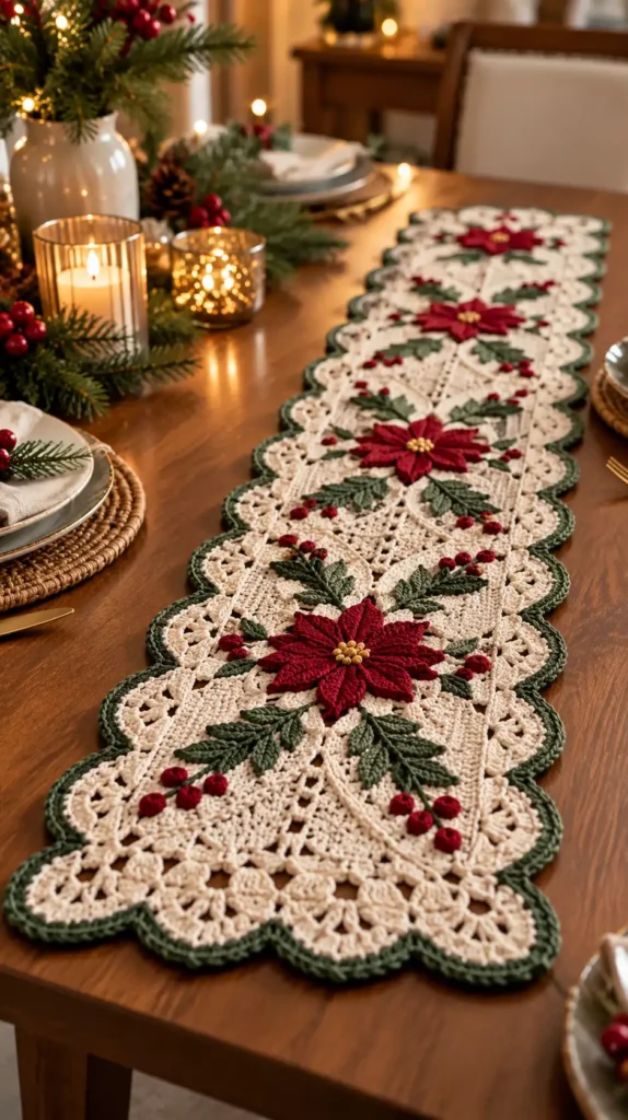 Handmade crochet winter table runner featuring red poinsettia flowers, green leaves, cream lace, and scalloped edges on a festive wooden dining table.
