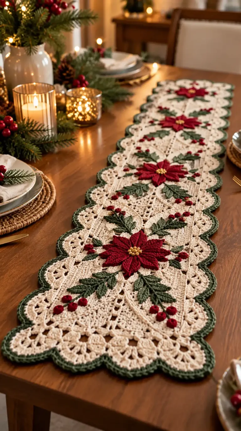 Handmade crochet winter table runner featuring red poinsettia flowers, green leaves, cream lace, and scalloped edges on a festive wooden dining table.