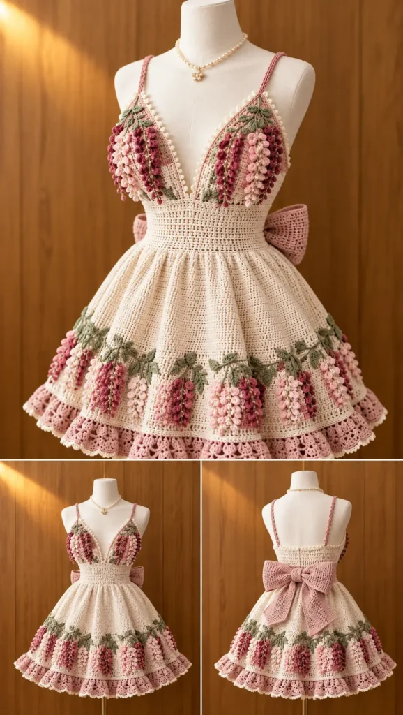 Romantic cream crochet top with pink floral motifs and green leaves on a handmade crochet dress.