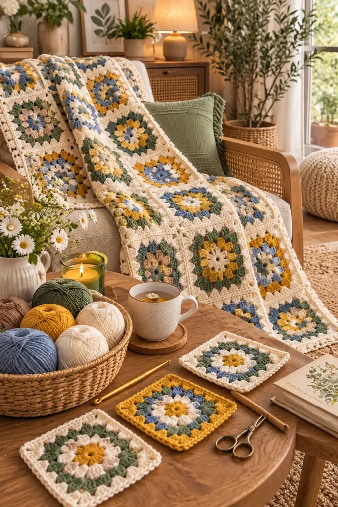 Suggested ALT text: Colorful Crochet Granny Square Patterns arranged for a creative handmade project.