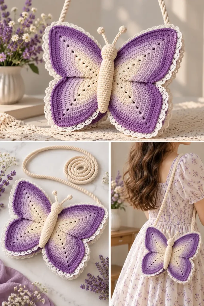 Lavender and cream butterfly crochet Bags design with scalloped edging and a cream crossbody strap.