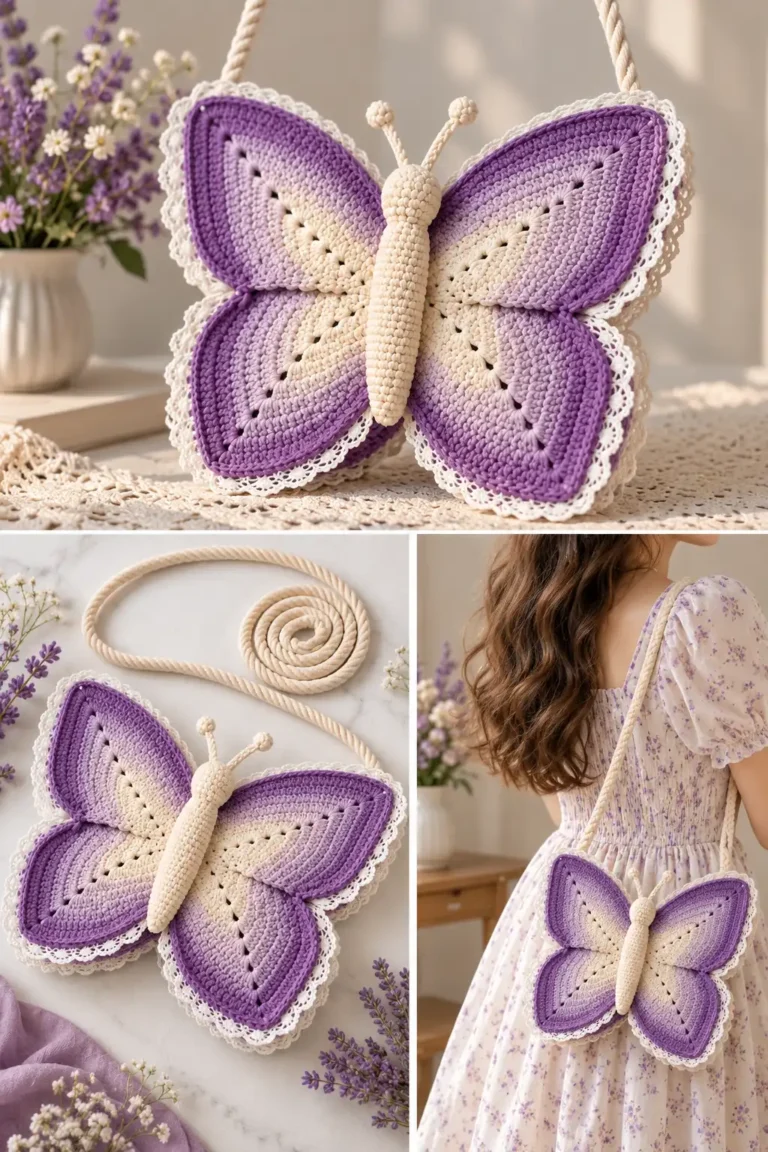 Lavender and cream butterfly crochet Bags design with scalloped edging and a cream crossbody strap.