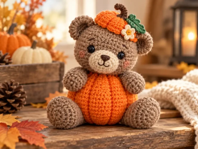 Pumpkin Bear crochet amigurumi with a brown teddy bear head, orange pumpkin-shaped body, and crocheted pumpkin hat, sitting on a rustic wooden table with autumn decorations.
