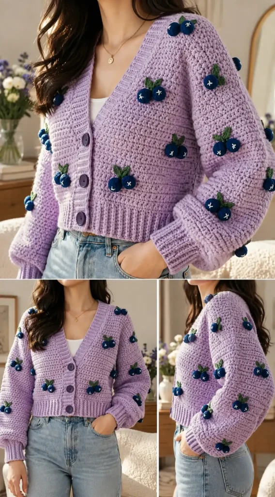 Handmade lavender crochet sweater with a cropped fit, balloon sleeves, ribbed cuffs, button closure, and three-dimensional blueberry decorations.