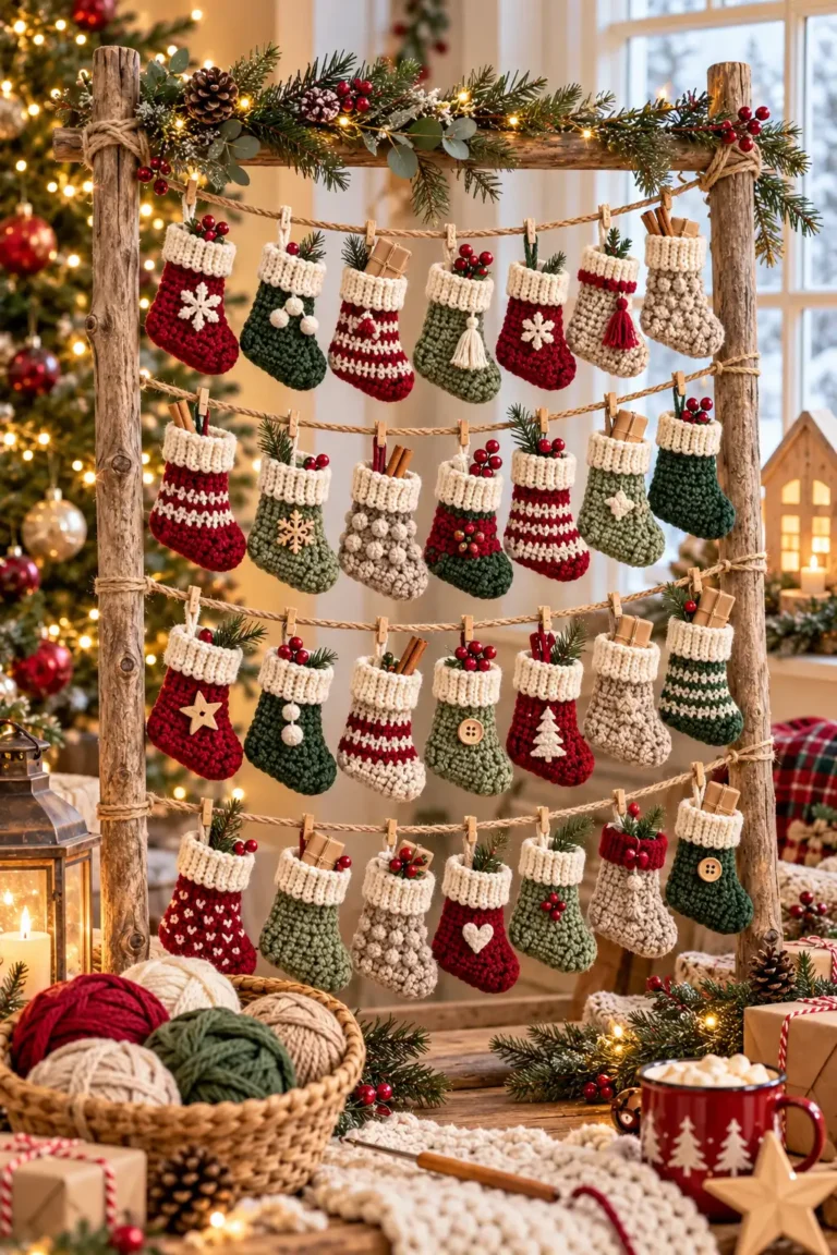 Handmade Christmas crochet Advent calendar featuring 24 numbered mini stockings in festive red, green, cream, and neutral yarn colors.