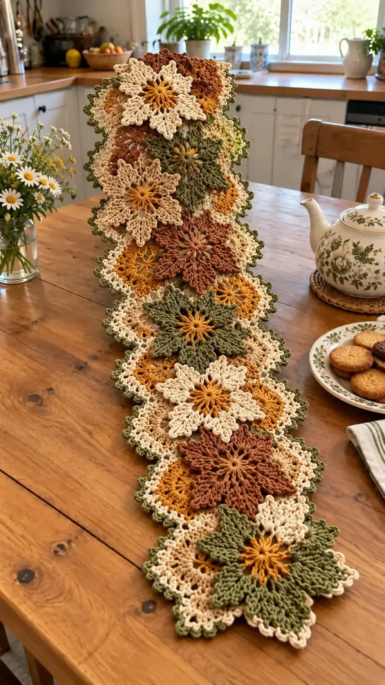 Pattern for an autumn crochet table runner with layered floral motifs in warm seasonal colors on a wooden table.