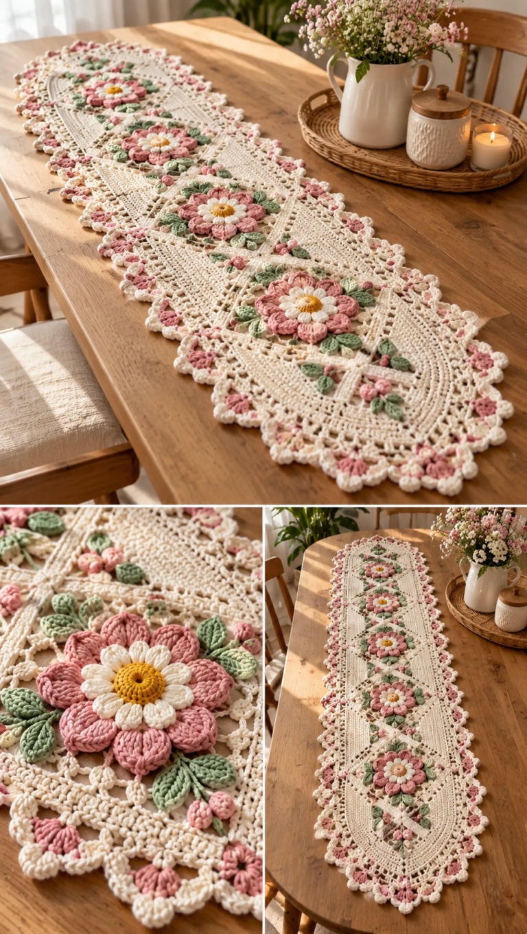 Crochet Pattern for a daisy garden diamond table runner with white flowers, yellow centers, mint green leaves, and delicate cream lace.