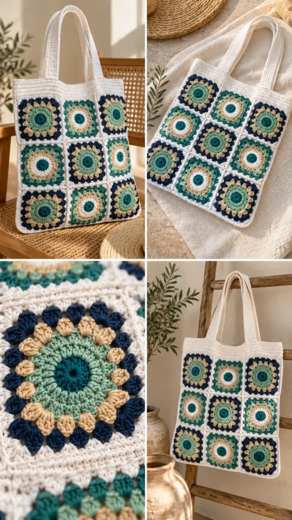 Ocean Breeze Granny Square Tote Crochet Pattern featuring a handmade cotton bag with navy, teal, mint, beige, and white sunburst squares, photographed in a cozy natural setting.