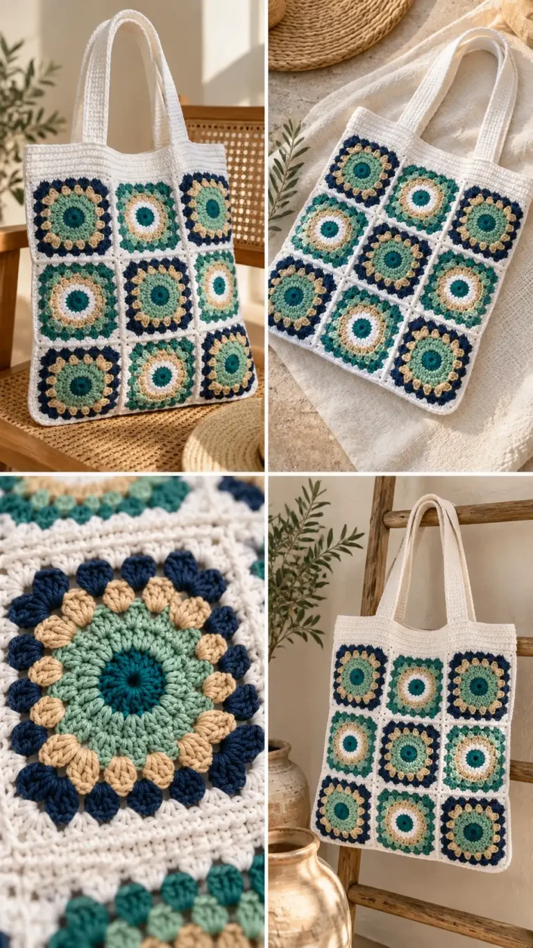 Ocean Breeze Granny Square Tote Crochet Pattern featuring a handmade cotton bag with navy, teal, mint, beige, and white sunburst squares, photographed in a cozy natural setting.