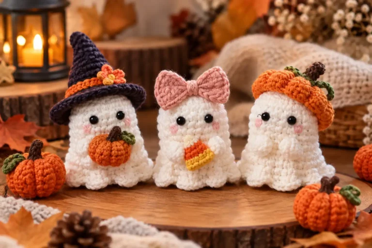 Three adorable white ghost Crochet Patterns with black bead eyes, a purple witch hat, a pink bow, and orange crochet pumpkins in a cozy autumn setting.