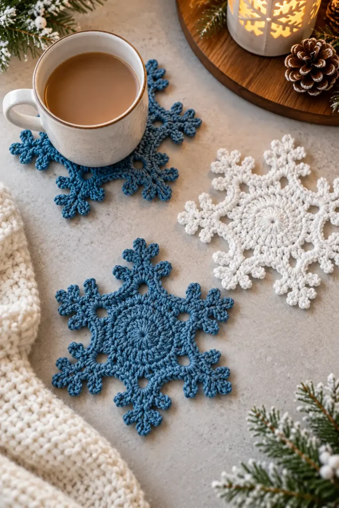 Crochet Winter snowflake coasters in white and blue cotton yarn, featuring circular centers and delicate decorative points.