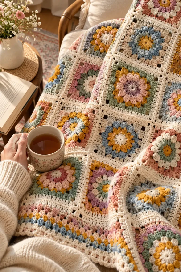 Handmade Square Blanket featuring colorful sunburst granny squares in pastel pink, sage green, lavender, blue, and mustard yellow, with cream crochet borders, draped over a cozy chair beside a cup of tea.