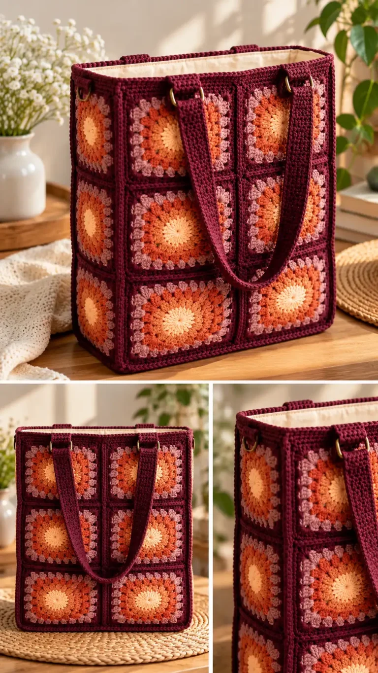 Sunset ombre granny square tote Crochet Pattern featuring burgundy borders, peach and terracotta crochet squares, matching handles, and a cream lining.