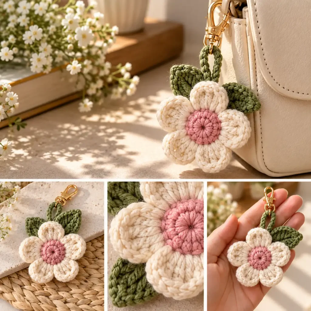 Handmade crochet accessories featuring a colorful flower bag charm with layered petals, decorative center, and attachment clasp.