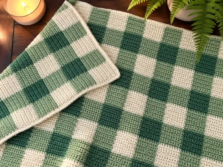 Green and cream gingham crochet blanket with a textured checked pattern