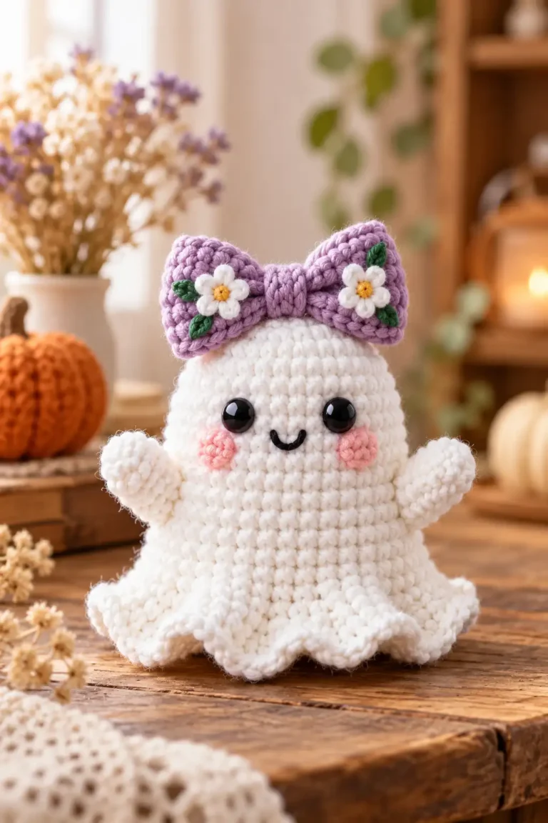 Eight cute Crochet Ghost Patterns featuring handmade amigurumi ghosts with a bow, witch hat, pumpkin balloon, heart, and other Halloween details.