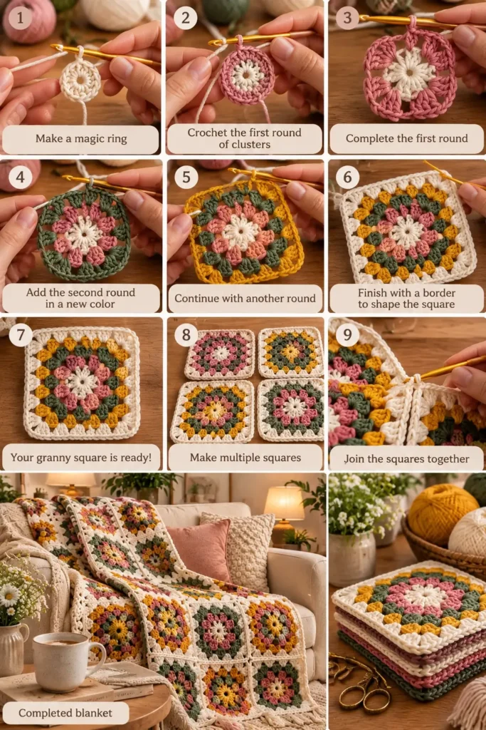 Suggested ALT text: Colorful Crochet Granny Square Patterns arranged for a creative handmade 

