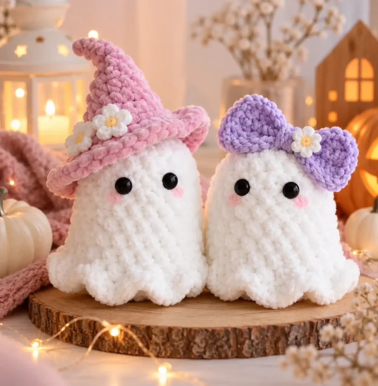 Crochet Pattern featuring a soft white plushie ghost with a ruffled base and black safety eyes, styled with a witch hat or lavender bow.