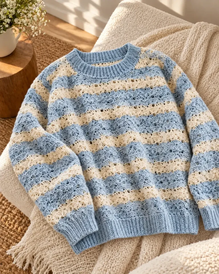 Handmade Crochet Sweater with long sleeves, textured half double crochet stitches, and a comfortable pullover design.