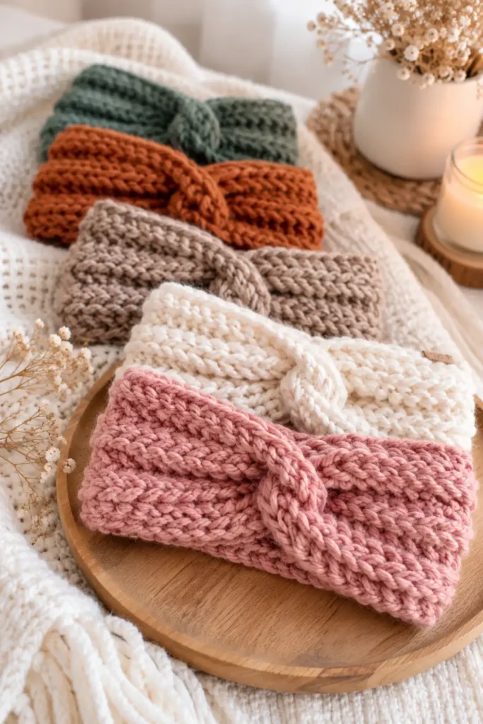 Five chunky crochet winter headband designs in pink, cream, taupe, rust, and sage green arranged on a wooden tray with cozy winter decor.