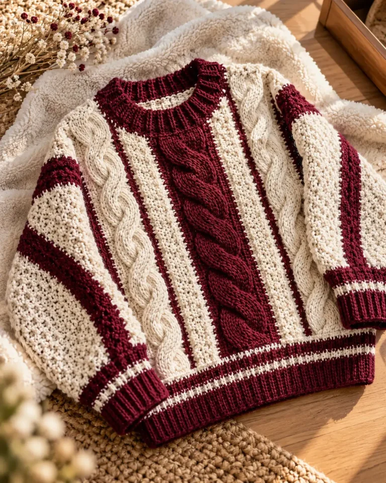 Handmade Crochet Winter Sweater with long sleeves, textured double crochet stitches, and contrasting ribbed cuffs.
