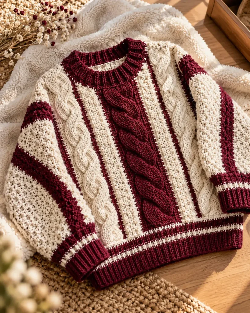 Handmade Crochet Winter Sweater with long sleeves, textured double crochet stitches, and contrasting ribbed cuffs.