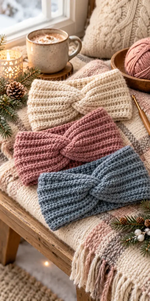 Three crochet winter ear warmers in cream, dusty pink, and blue-gray with ribbed stitches and twisted centers, arranged on a cozy blanket beside yarn and a mug.