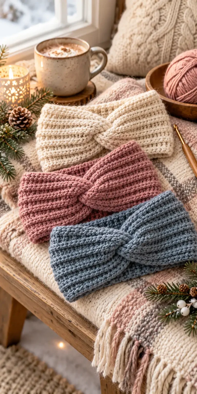 Three crochet winter ear warmers in cream, dusty pink, and blue-gray with ribbed stitches and twisted centers, arranged on a cozy blanket beside yarn and a mug.