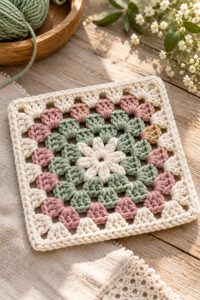 Handmade granny square crochet pattern featuring an ivory flower center, sage green and dusty pink stitches, and a cream border on a rustic wooden table.