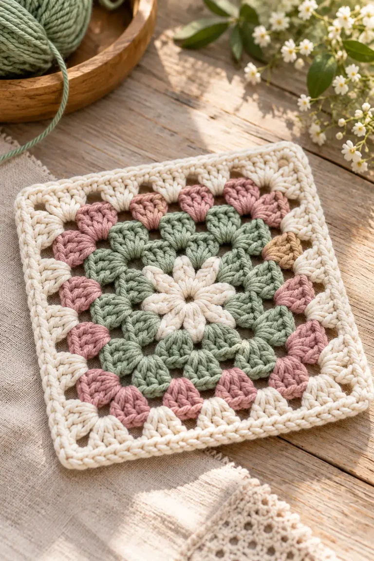 Handmade granny square crochet pattern featuring an ivory flower center, sage green and dusty pink stitches, and a cream border on a rustic wooden table.