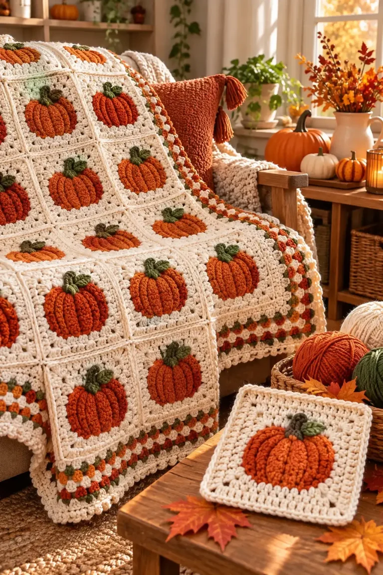Handmade Granny Square Blanket featuring orange pumpkin motifs with green stems, cream-colored squares, and a cozy autumn-inspired design.