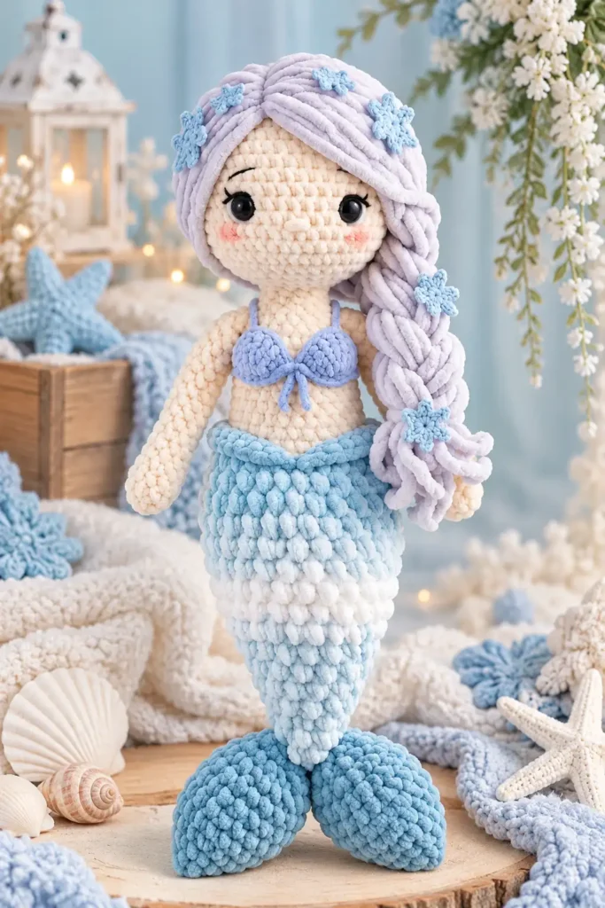Suggested ALT text: Arctic Ice Mermaid Crochet Pattern featuring a plush mermaid doll with an icy blue tail and long yarn hair.