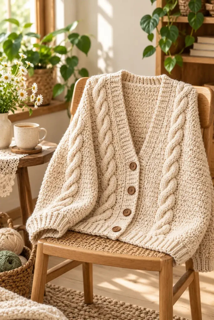 Suggested ALT text: Port Cardigan handmade crochet garment showcasing its design and texture.